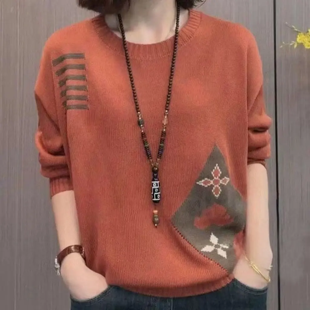 

Women's Western Style Slim Fit Knitwear round Neck Long-Sleeved Jacquard Knit Shirt Loose Versatile Spring/Fall Bottoming Top