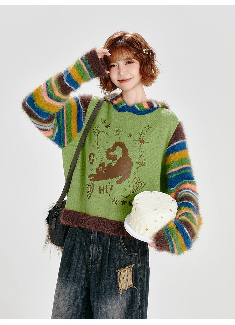 

Autumn and winter cat pattern vintage rainbow striped contrasting color hooded loose pullover knitted sweater for women ﻿