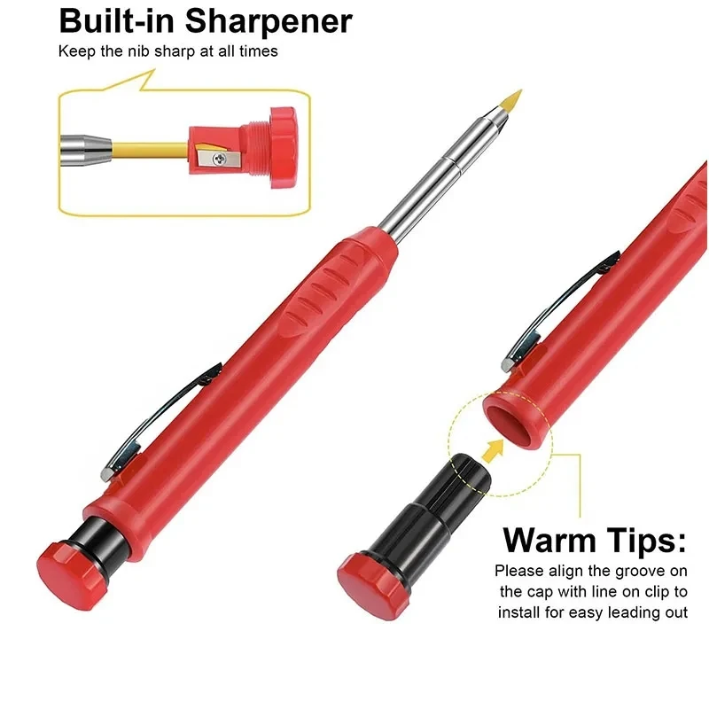 Matita meccanica da carpentiere 2 pz/set 2.8mm con temperamatite per la lavorazione del legno Costruzione a testa lunga Matita da carpentiere di cancelleria