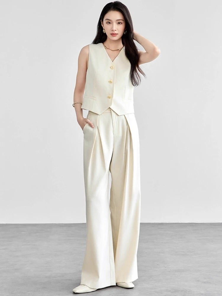SENTUBILA Matching Vest and Pants Outfit Women's 2026 Spring Solid V-neck Slim Fit Linen Suit Set Two Piece Set 151Z58274