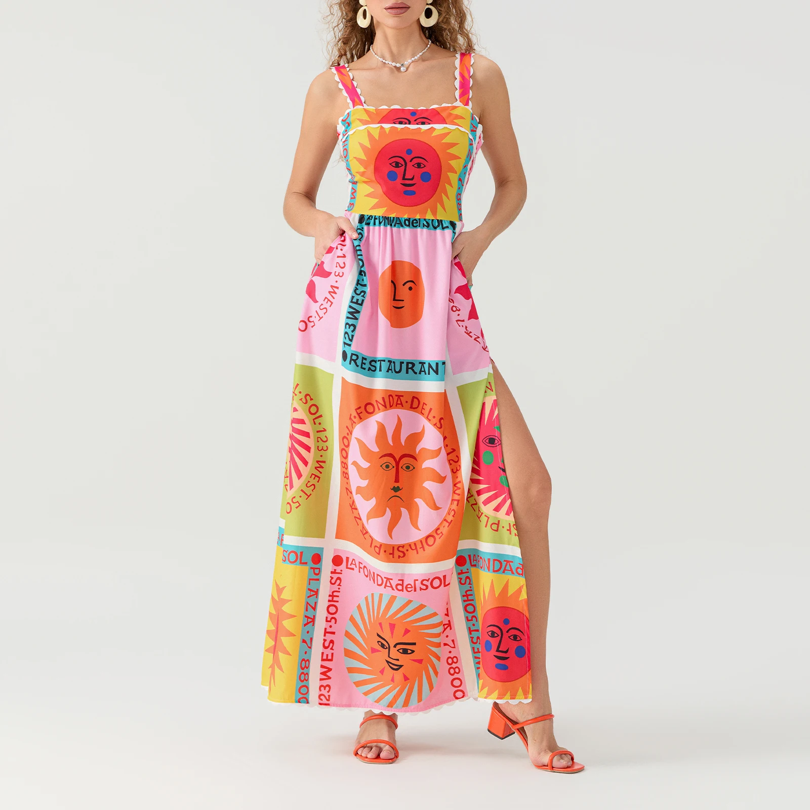 Moda donna Cami Dress Sun Smile Face Print tasche laterali abito senza maniche Beach Holiday fessura abito lungo Streetwear