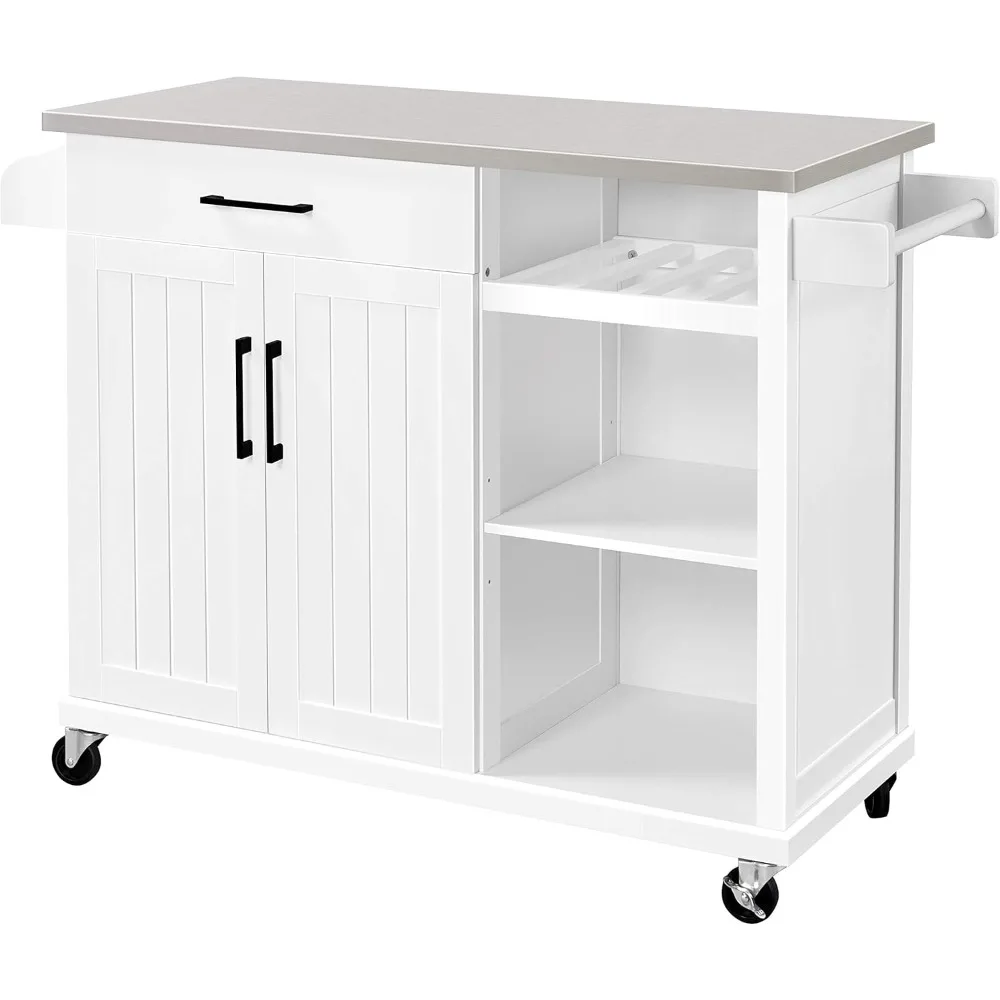 Kitchen Island on Wheels, Rolling Utility Trolley with Stainless Steel Countertop and Storage Cabinet,  Drawer