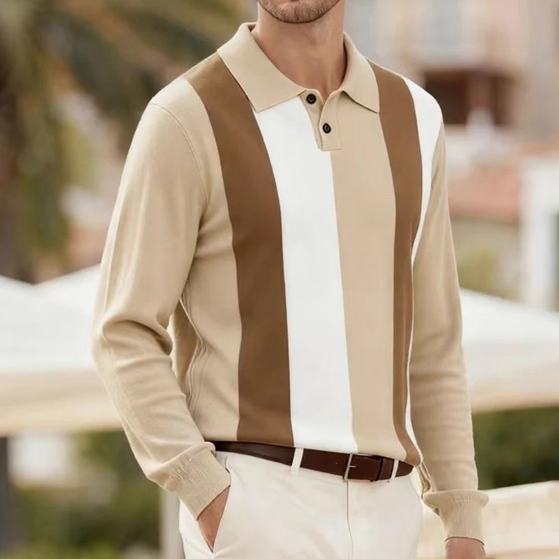 

Мужской деловой трикотаж, свитер, рубашка поло, повседневная классическая рубашка в вертикальную полоску с цветными блоками и воротником с лацканами, мужской свитер на пуговицах