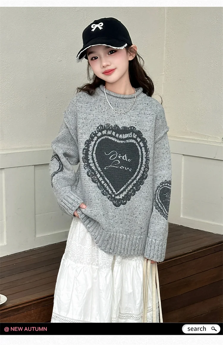 Modischer Langarm-Pullover für Mädchen mit Herz-Motiv, Grau, Herbst-Kinderpullover für Mädchen mit Herzen, Baby-Strickpullover – Detail 9
