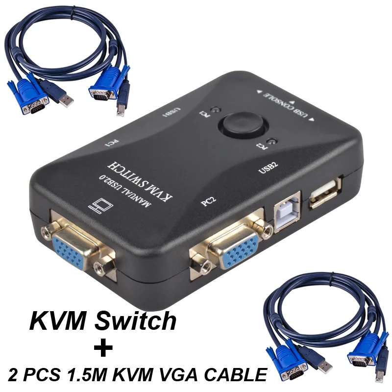 USB 2.0 VGA SVGA KVM Switch Switcher Adapter 2-in-1-out Splitter Box +2PCS 1M KVM  Cable For PC Computer Keyboard Mouse sharing