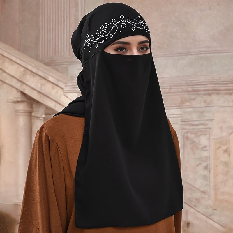 Siyah Şifon Eşarp Niqab Yüz Kapak Parlak Rhinestone Moda Dalga Elmas Müslüman Ramazan Namaz Kravat Khimar Şifon Yüz Maskesi