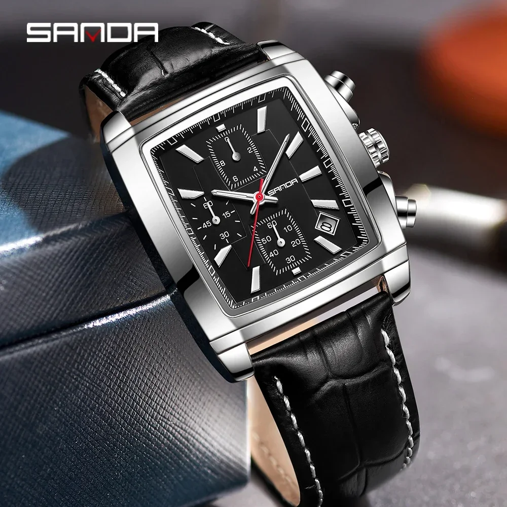 SANDA-reloj analógico de negocios para hombre, cronógrafo de cuarzo rectangular luminoso con correa de cuero elegante para deporte y trabajo