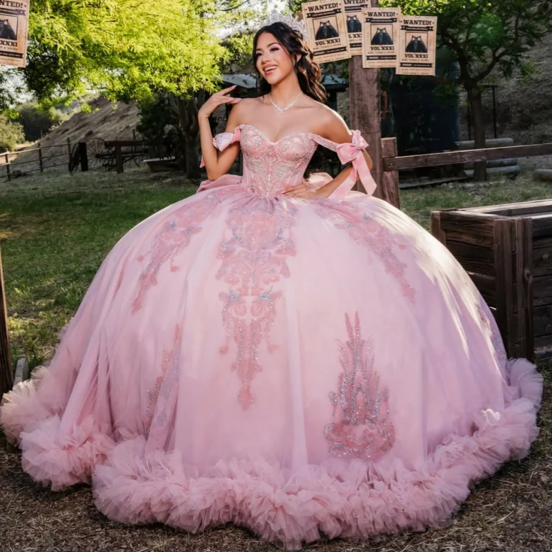 

Pink Quinceanera Dress off-shoulder Sequins Crystal Lace Frill Decal Long tail Bow vestidos de 15 Quinceanera ﻿Customize