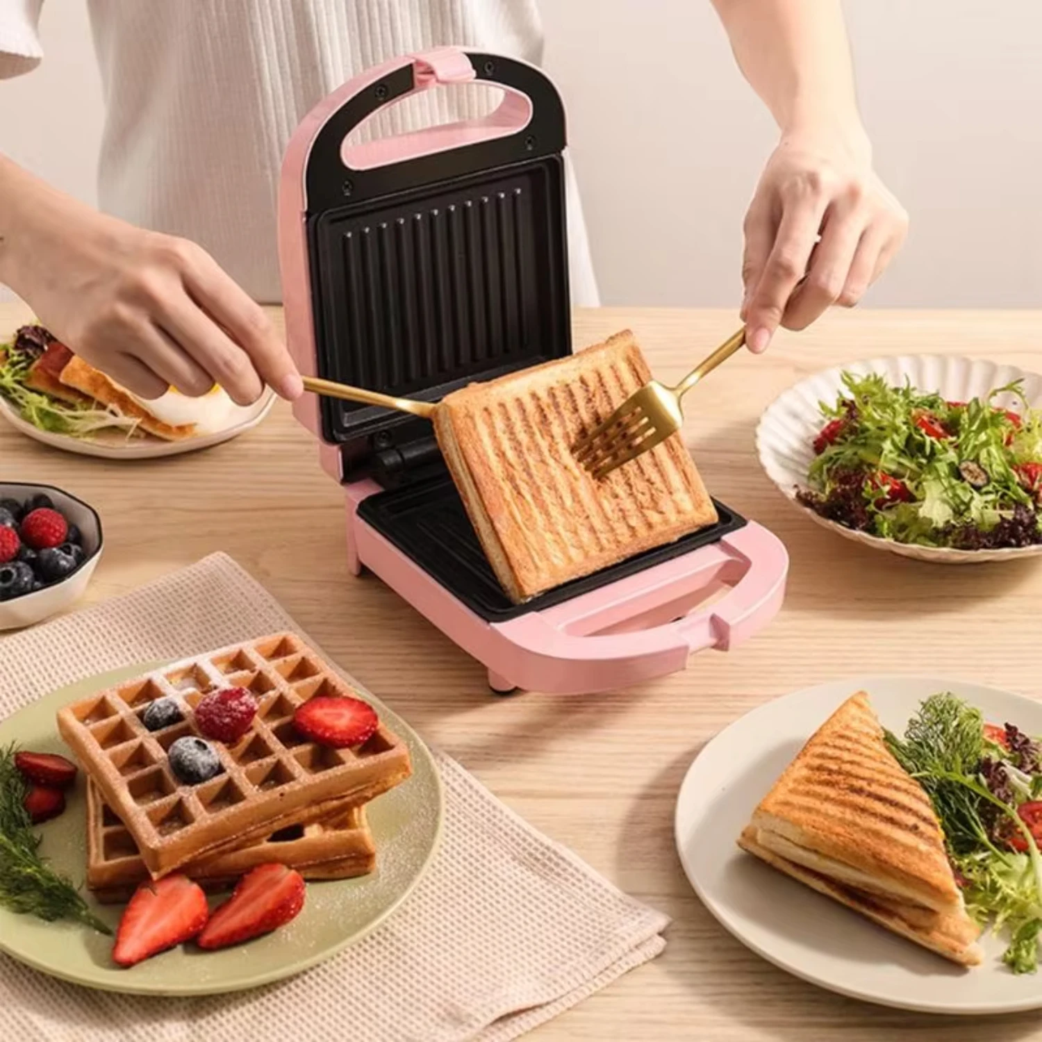 Portable  Dual Waffles Sandwich Maker Non Multifunctional Toast Bread Breakfast Machine 220V Dropship