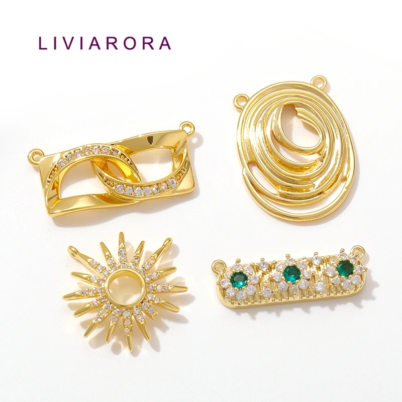 1Pc 18K Gold Plated Brass With Zircon Oval Hollow Pendant Sun Start Swirl Eye Knot Bar Connector Charms For Jewelry Making