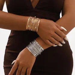 New Rhinestone Punk Wide Cuff Bangles For Women Vintage Metal Brushed Wire Bracelets Bangles Boho Fashion Pulseras Jewelry Gifts