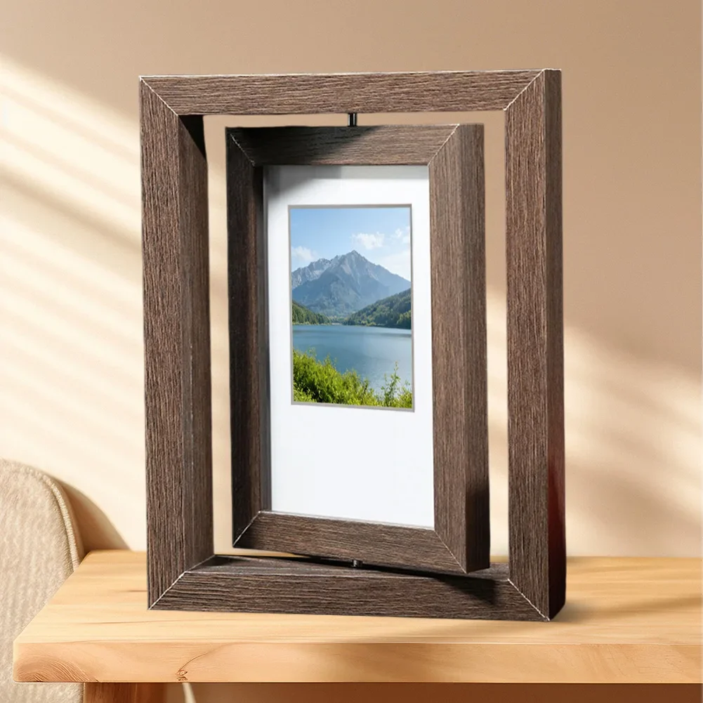 Dual-Sided 360° Rotating Wooden Picture Frame, Elegant Desktop Decor Holds Two 7-Inch Photos For Home Or Office Display