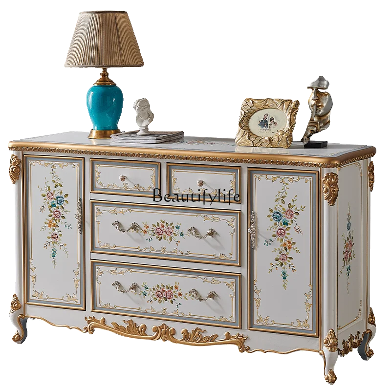 Luxury French retro hand-painted gold heavy industry European and American solid wood entrance side cabinet