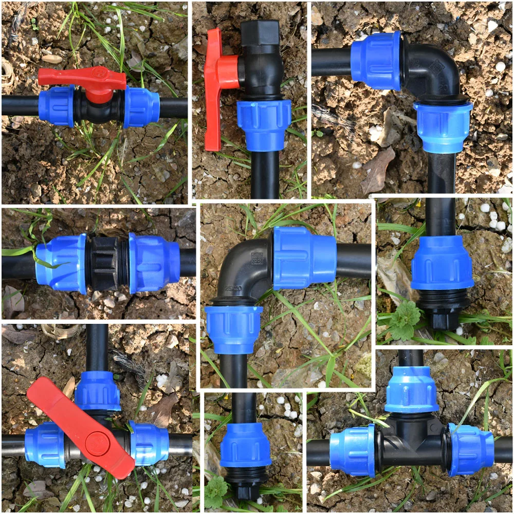 20/25/32/40/50/63mm Plastic PE Tube Tap Water Connector Tee Splitter Quick Valve Coupler Elbow End plug Irrigation Fittings