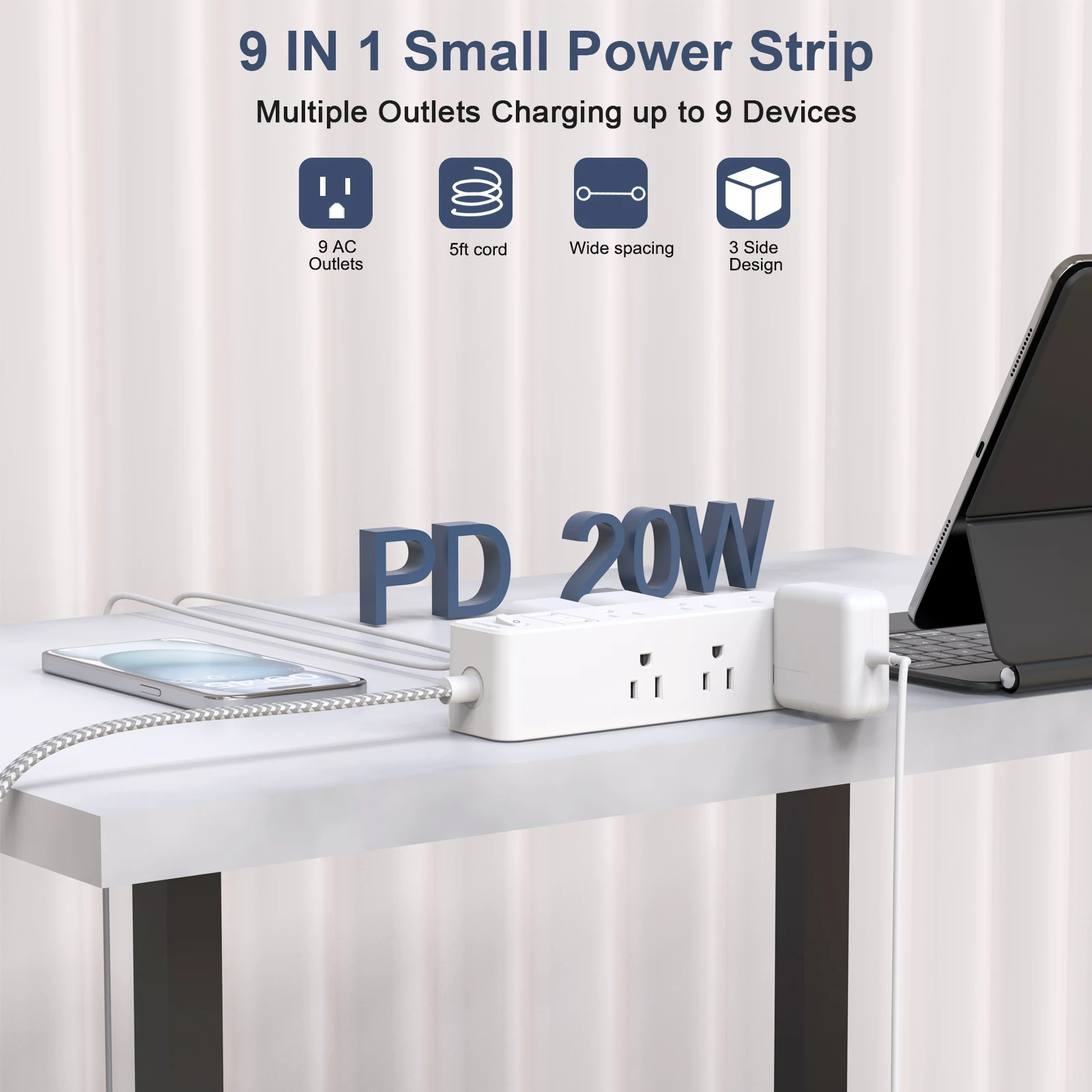 9-in-1 Surge Protector Power Strip with 6 Outlets and 5ft Braided Extension Cord,45° Ultra-thin plug wall socket for home office