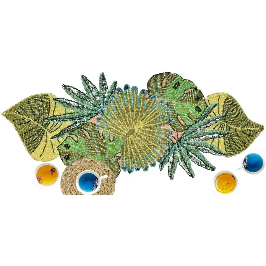 

Beaded Table Runner 13x36 Inch Handmade Decorative Green Leaves Pattern with Glitz Embroidery Elegant Table Decor for Weddings,