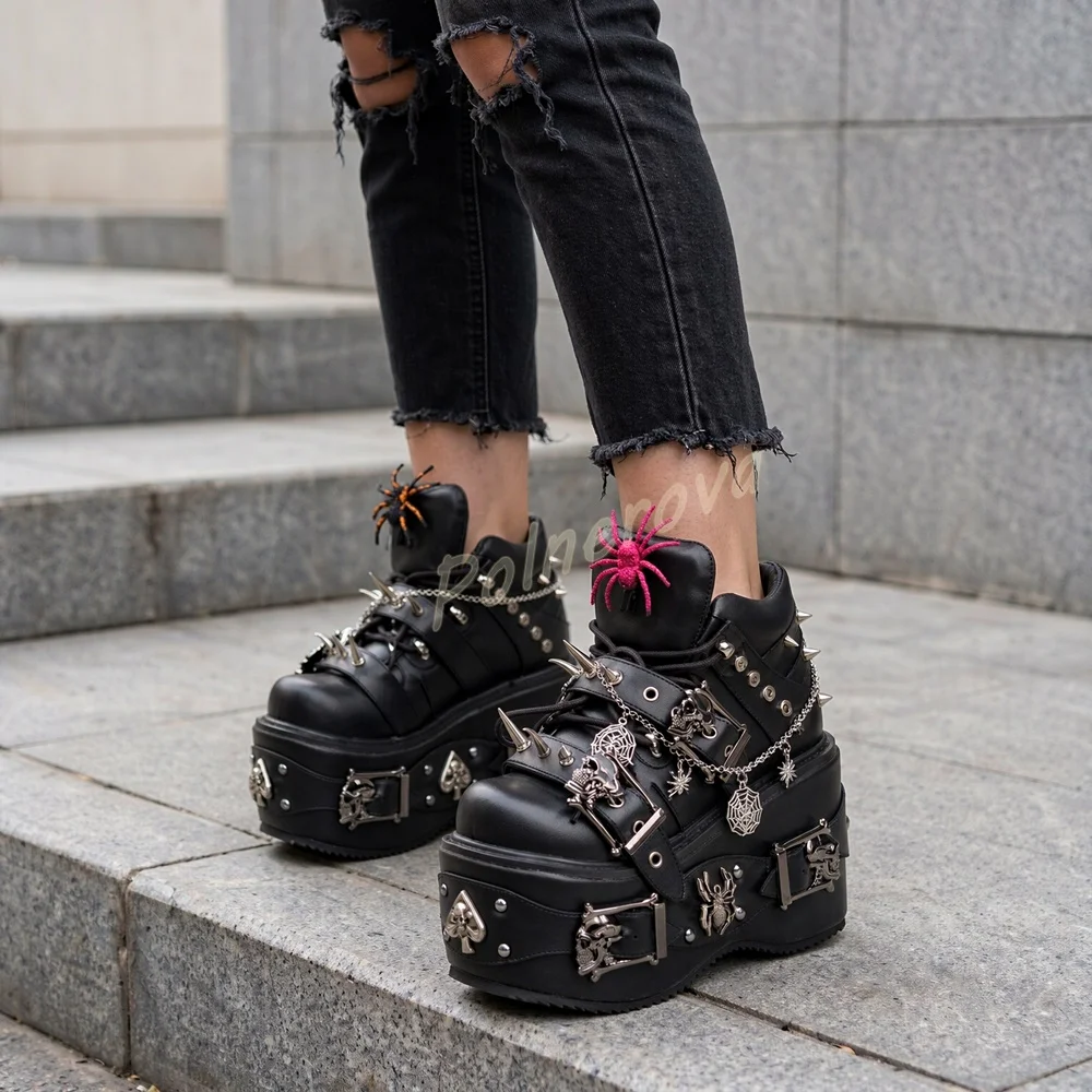 Spider Skull Spikes Chain Platform Pumps Women Black Gothic Buckle Strap Lace Up High Top Shoes Punk Leisure Wedge Shoes
