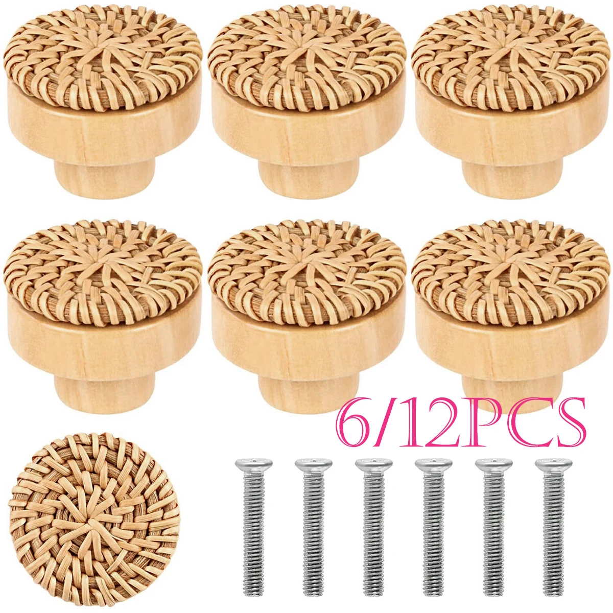 6/12PCS Rattan Wooden Drawer Knobs Boho Rattan Dresser Knobs Round Handmade Cabinets Dresser Handles Cupboard Wardrobe Door Pull