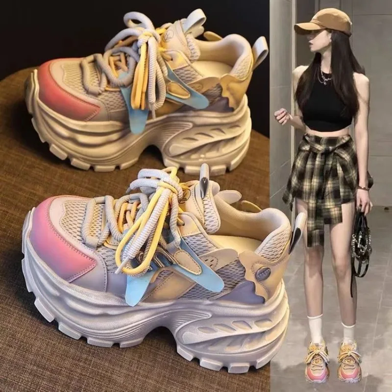 2026Women's Pastel Color Block Chunky Platform Sneakers Mesh Breathable Height Increase Casual Dad Shoes for Daily & Street Wear