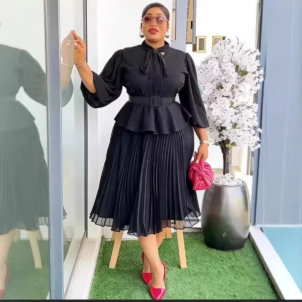 

Africa Clothing Chiffon Pleated Midi Dress Women Bowtie Collar Lantern Sleeve Peplum A Line Office Party Chic Casual Style