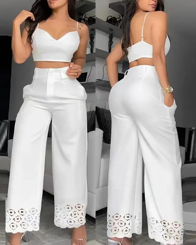 Fashion Two Piece Sets Womens Outifits V-Neck Cami Crop Top & Casual White Hollow Out Wide Leg High Waist Pants Suit 2024 Summer