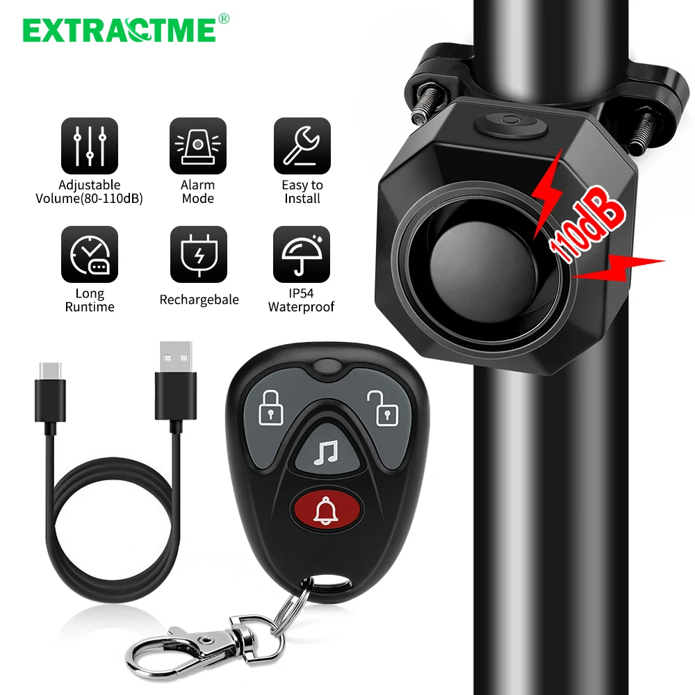 Extractme Bicycle Motorcycle Alarm Wireless Waterproof Vibration Alarm USB Charging Remote Control Alarm Security Protection