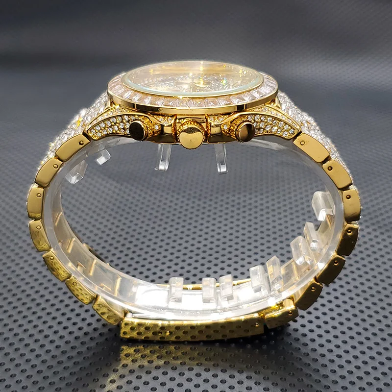 Imagem -05 - Relógio de Ouro para Homem Hip Hop Estilo Rapper Bling Cronógrafo Quartzo Relógio de Moda Redondo Dial Quadrado Diamante Relógio Homem Luxury18k