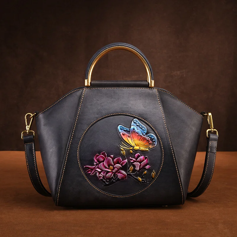 Natural Skin Tote Shoulder Female Bags Floral Pattern Famous Brand Vintage Design Women Genuine Leather Messenger Bag Handbag