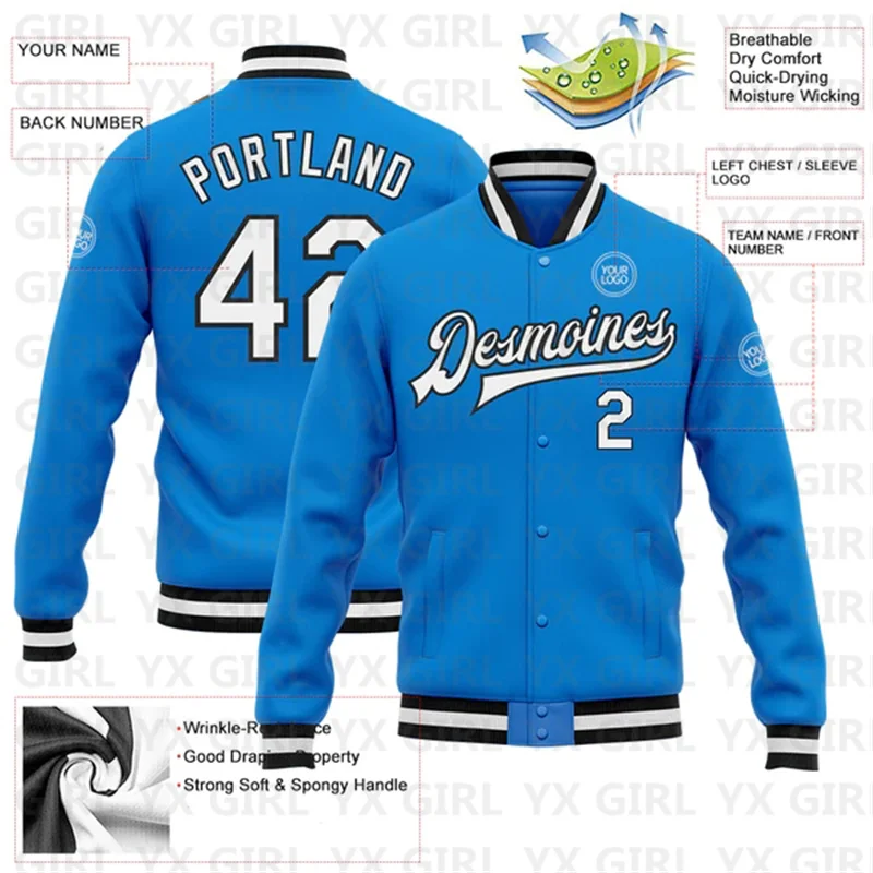 Custom Electric Blue White-Black Bomber Full-Snap Varsity Letterman Jacket 3D Printed Baseball Button Jacket