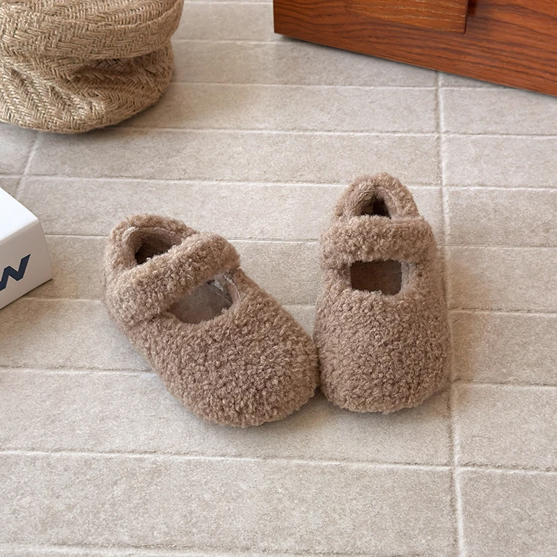 Winter New Children Flat Shoes Fur Cover Toe Light Warm Kids Casual Shoe 2026 Plush Warm Non-slip Leisure Comfy Boys Girls Shoe