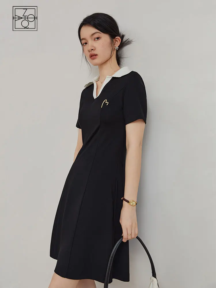 

ZIQIAO Sports Style Black Slim Thin Polo Dress for Female 2023 Summer New Short-sleeved Commuter Waist A-line Dress for Women