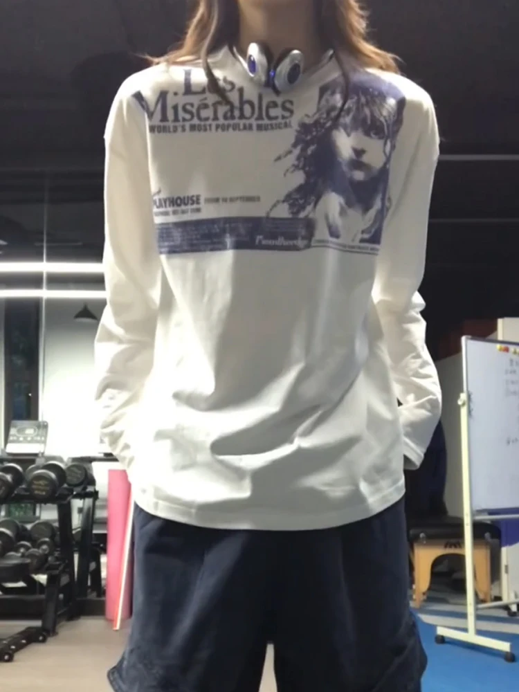 Retro americano manchado impressão longa sve redonda ne camiseta feminina primavera outono solto casual base irt topo tecido de algodão