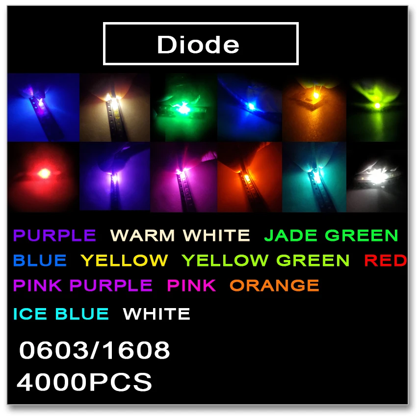 JASNPROSMA 0603 1608 SMD LED 4000 PZ Rosso Arancione Giallo Verde Giada verde ghiaccio Blu Bianco Bianco caldo Rosa Viola colori chiari 1.2*0