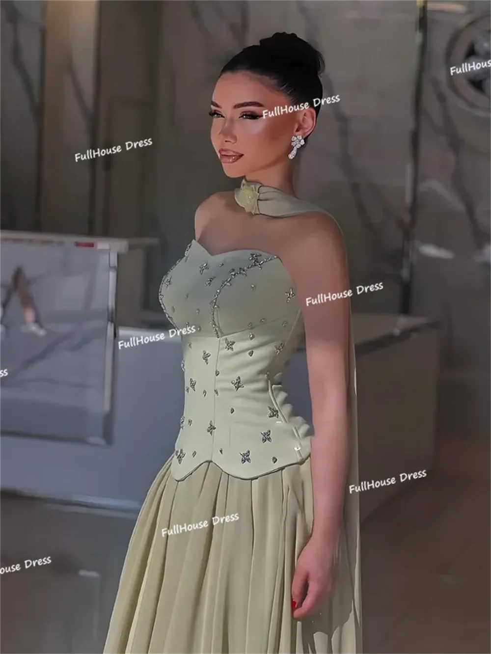 

Custom Made Women's Boat Collar Two-Pieces Straight Backless Evening Dress Beading Floor Length Saudi Dress with Train