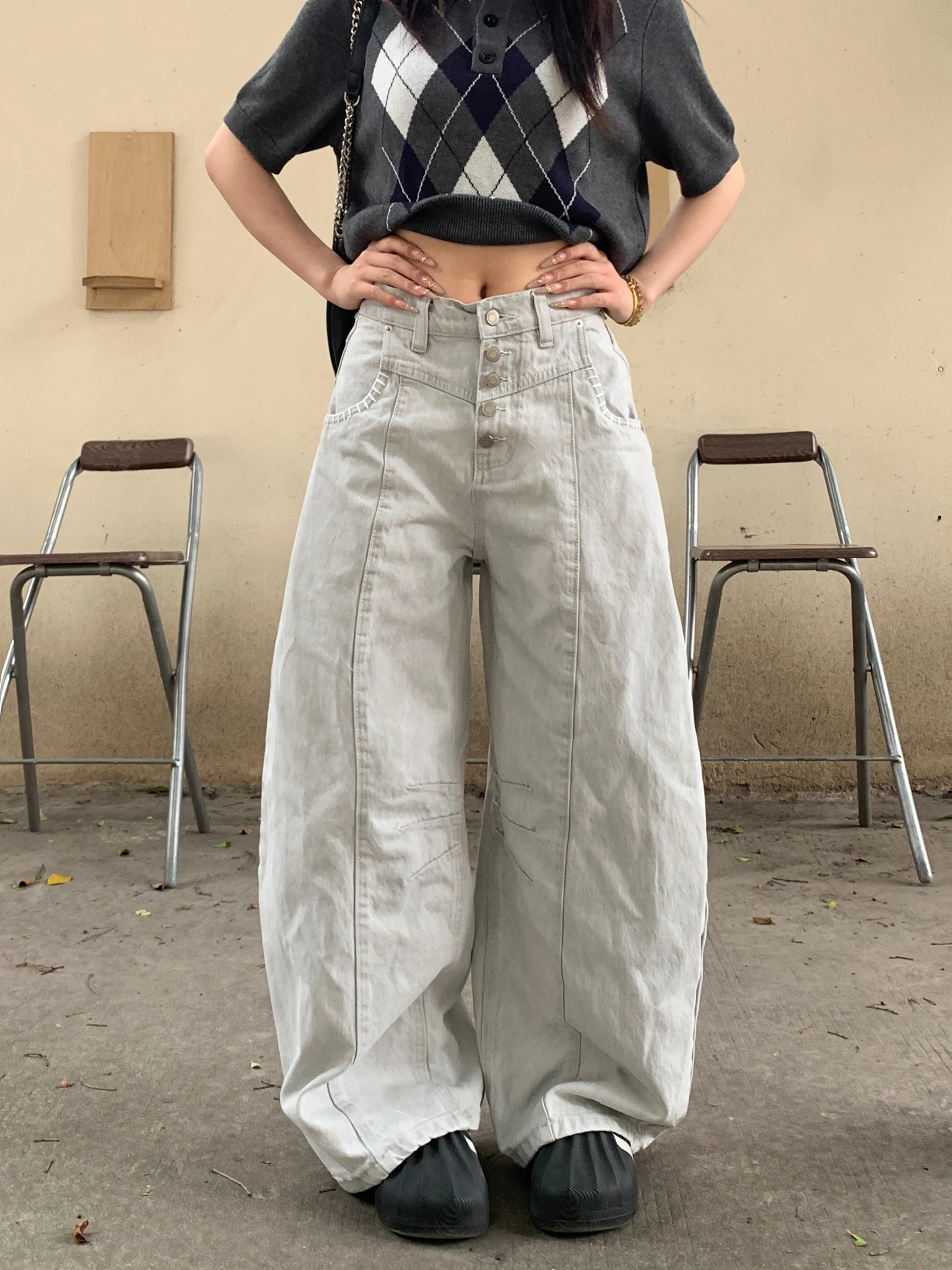 

Muziyang Button Design Wide Leg Jeans Men Women American High Street Loose White Knife Trendy Cotton Natural Waist Zipper