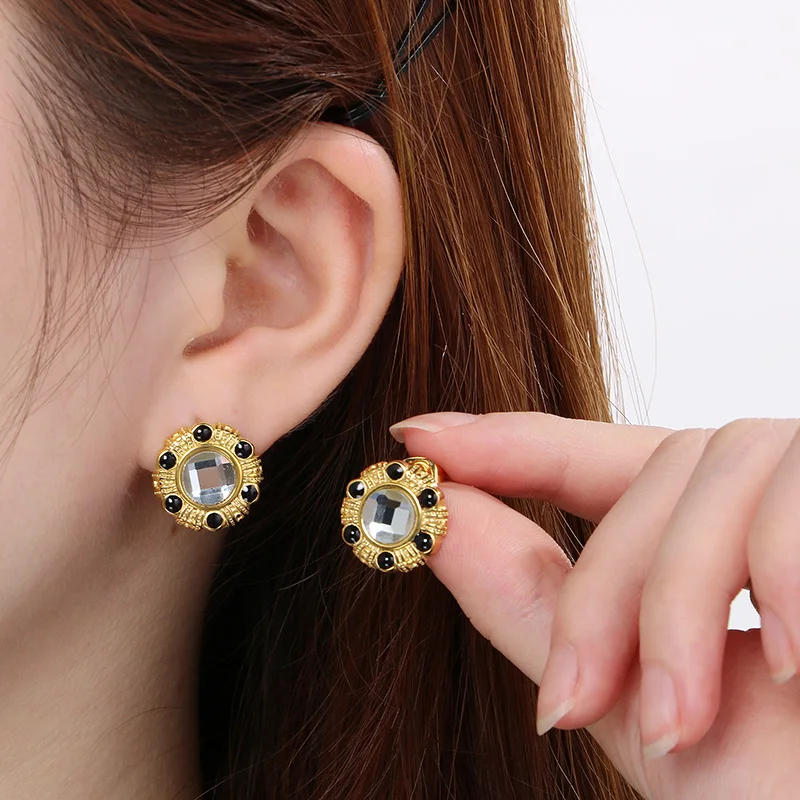 Vintage Crystal Glass Stud Earrings for Women Black Oil Stainless Steel Earring Women's Courtly Wedding Ear Jewelry Wholesale