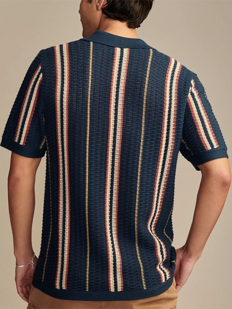 Camicie lavorate a maglia da uomo di lusso Camicia casual in maglia a maniche corte slim fit traspirante estiva Camicia da uomo in maglia all'uncinetto a righe vintage