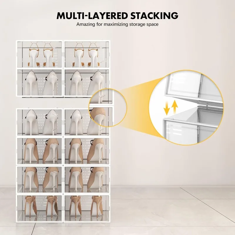 12 Pack Shoe Storage Box Clear Plastic Stackable Shoe Organizer for Closet Space Saving Shoe Rack Sneaker Container Bin Holder