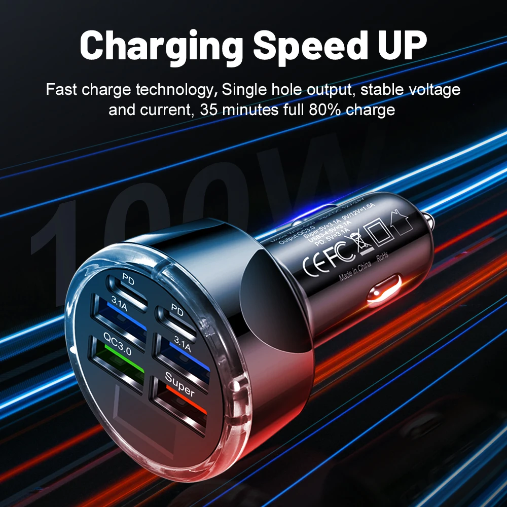 100W6 In1Ports Car Charger Fast Charging PD QC3.0 USBC Car Phone Charger Type C Adapter in Car For iPhone Samsung Huawei Xiaomi