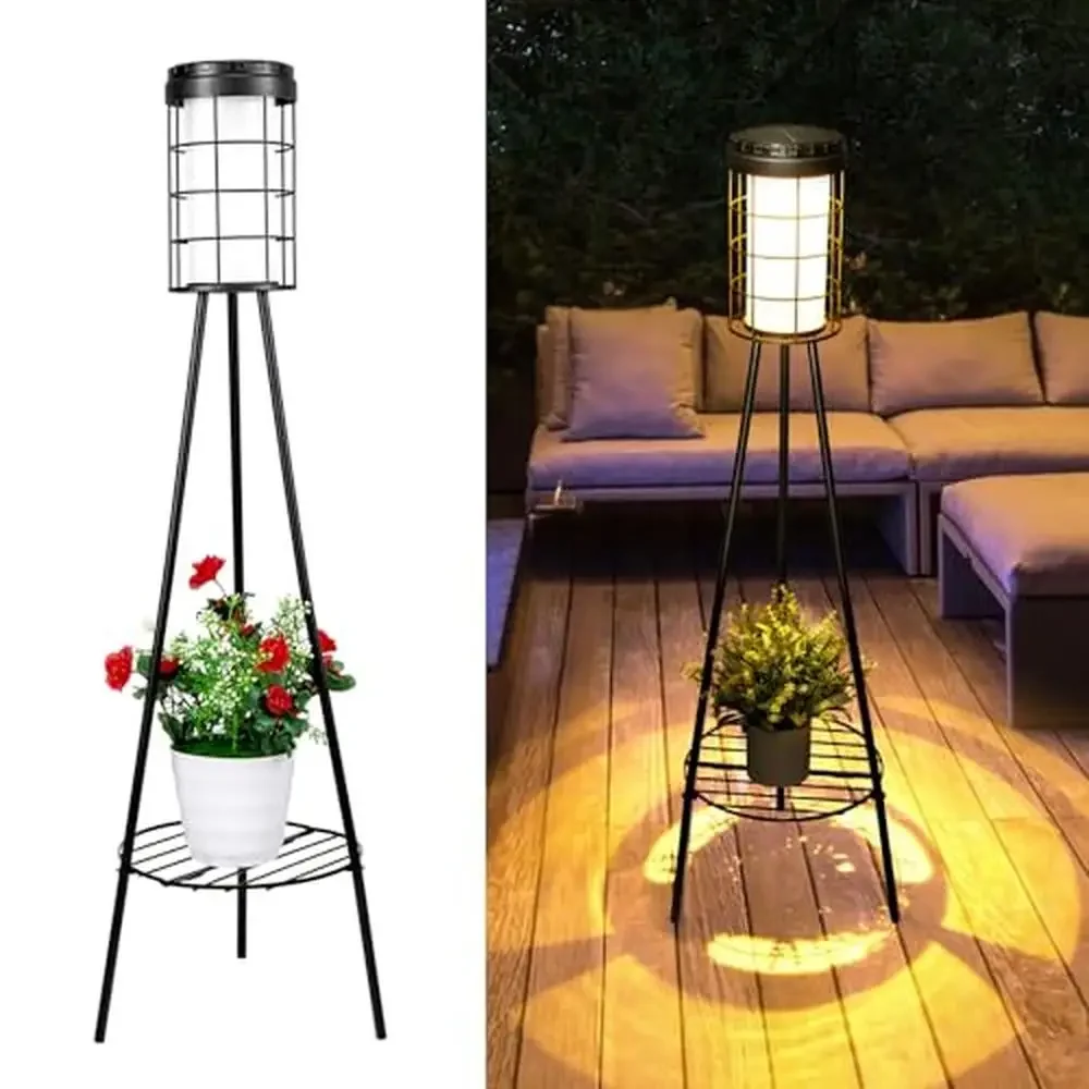 2 Pack Solar Floor Lamps with USB Charging Metal Flower Shelf Outdoor Solar Lights with Plant Stand Patio Garden Balcony