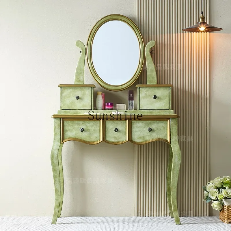 American country dresser solid wood bedroom retro green old small makeup table simple