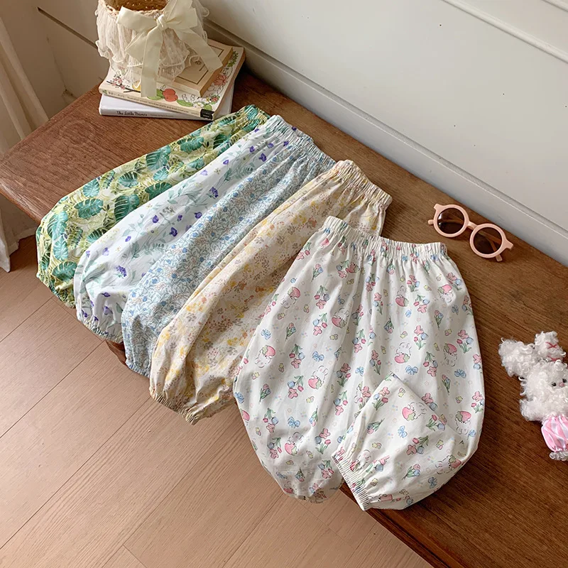 2026 Summer Thin Elastic Waist Floral Pattern Cotton Soft Glutinous Children's Mosquito Resistant Pants