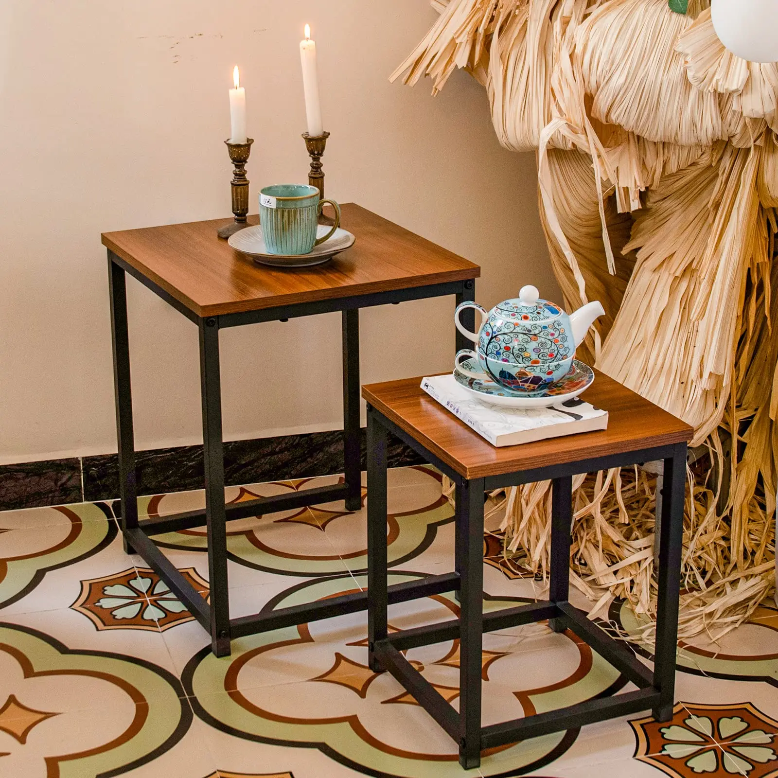 

Two-Piece Nesting Side Tables With Wooden Top And Metal Frame For Living Room Decor