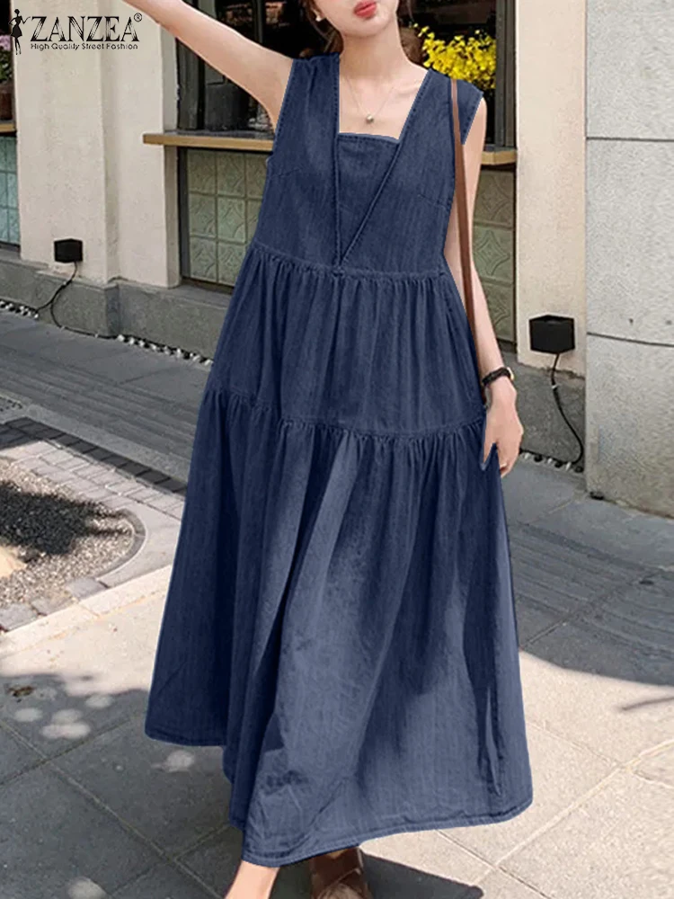 Zanzea casual feminino em camadas vestidos verão 2024 gola quadrada rua moda denim maxi vestido sem mangas estilo coreano vestido de verão