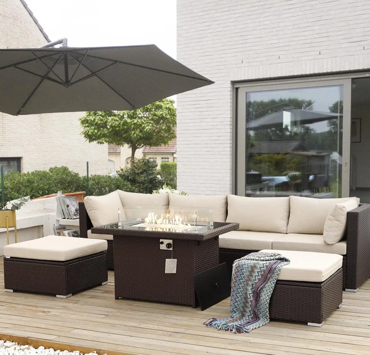 Fire Table Outdoor Furniture Set with Fire Pit Patio Conversation  PE Wicker Sectional Sofa Set with Fireplaces for Garden