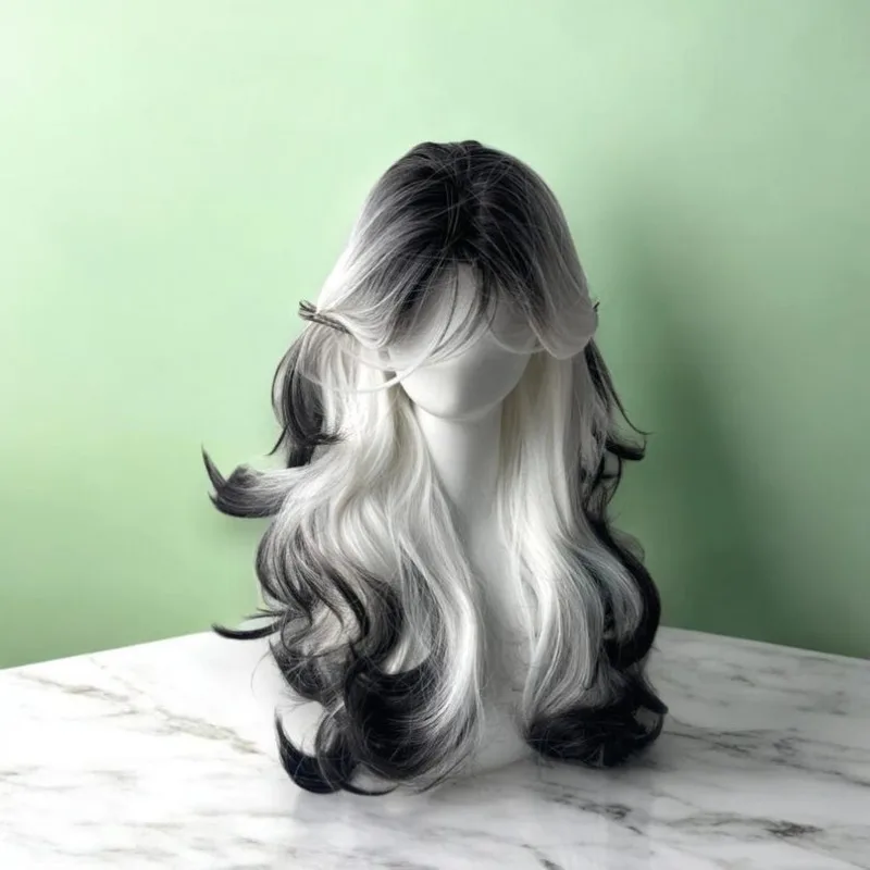 

Women Cosplay Wig Long Wavy Wig Two Color Curly Synthetic Hairs with Bangs Roleplay Accessory for Daily Party Lolita Dress up