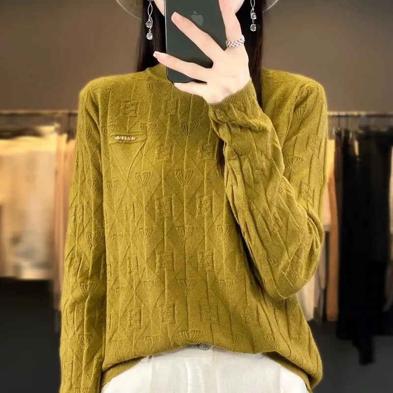 2025 Autumn Women Sweater Pullover Half High Collar Solid Jacquard Long Sleeve Loose Knitwear Jumper Female Tops Bottoming Shirt