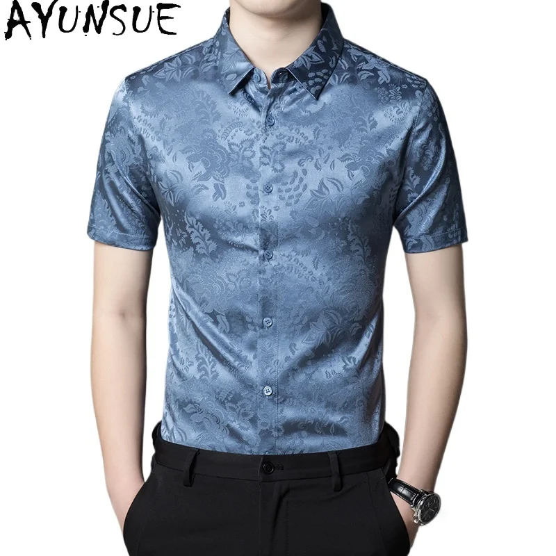 

AYUNSUE New 92.4% Mulberry Silk 7.6% Spandex Shirts for Men 2026 Summer High-end Short Sleeve Tops Fashion Shirt Man Clothing