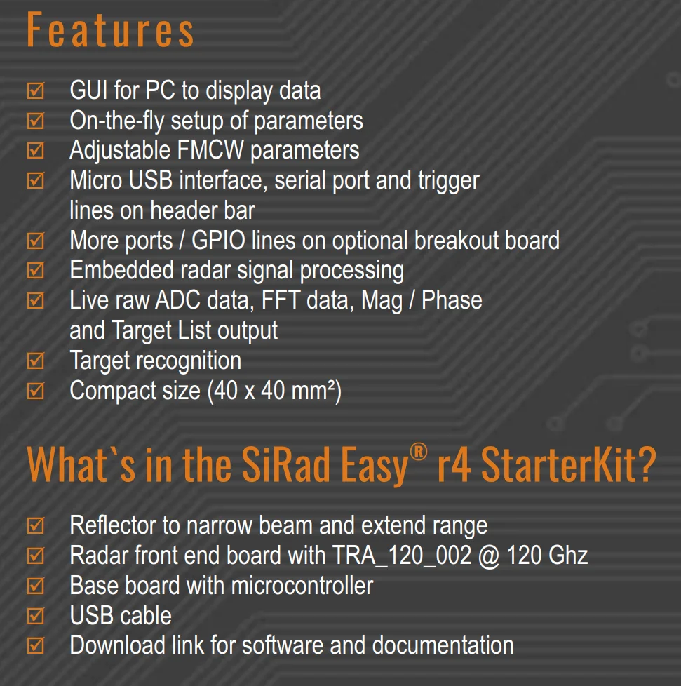 Silicon radar 120GHz SiRad level gauge millimeter wave radar flaw detector SiRad_Easy_r4_Starter_Kit+ SiRad_Easy_r4_Eval_Kit+