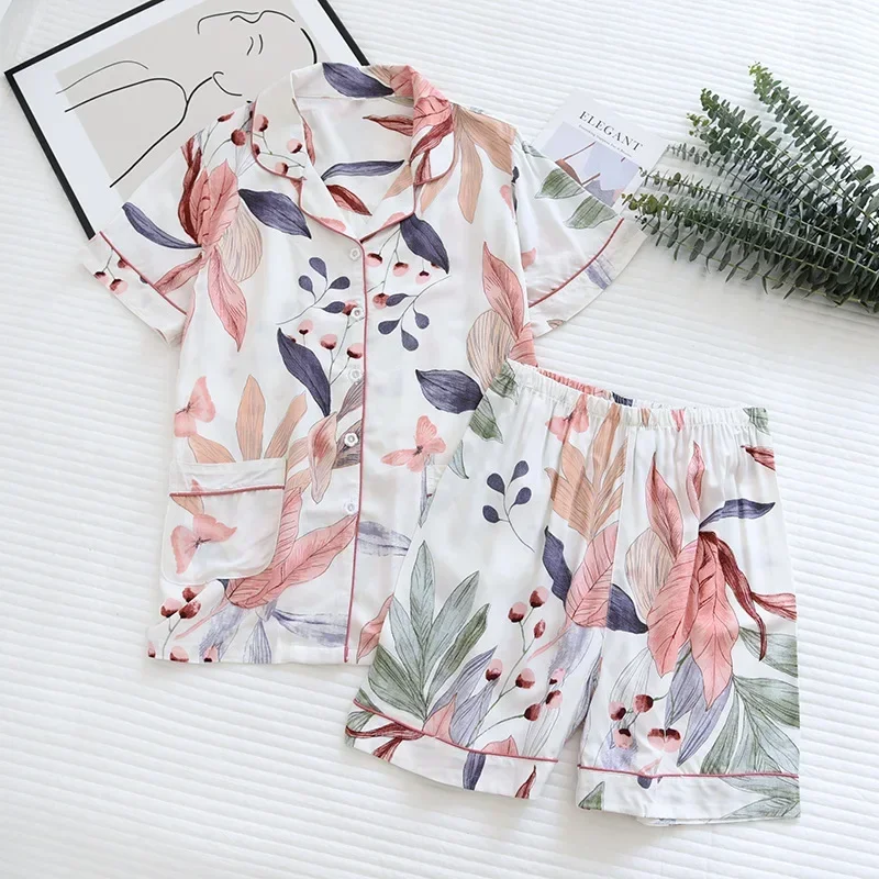 summer new women's pajamas thin section short-sleeved shorts large floral print pajamas home service ladies pajamas for women